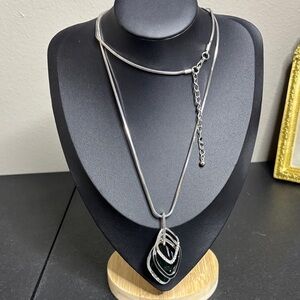Long Green & Silver Long Necklace Rhinestone Accents